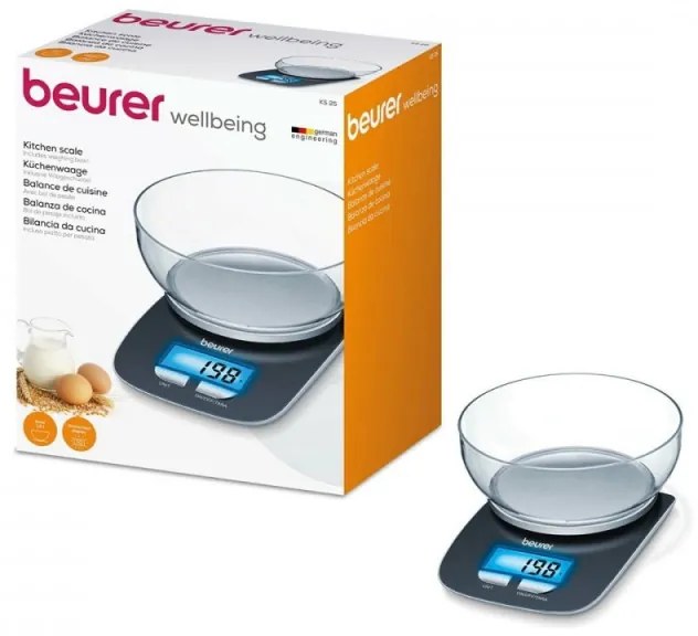 Cantar de bucatarie cu bol Beurer KS 25, 3 kg., 1,2 L, Afisaj digital, Incolor/Negru