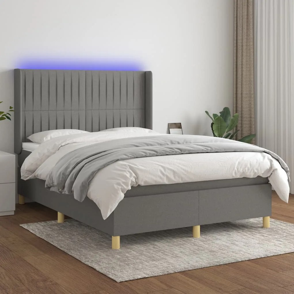 vidaXL Pat cu arcuri, saltea și LED, gri închis, 140x200 cm, textil