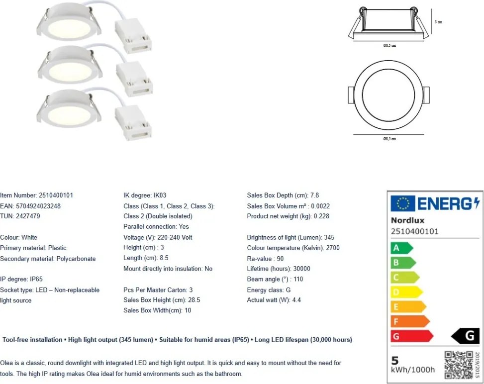 Set de 3 spoturi incastrabile baie IP65 LED Olea alb