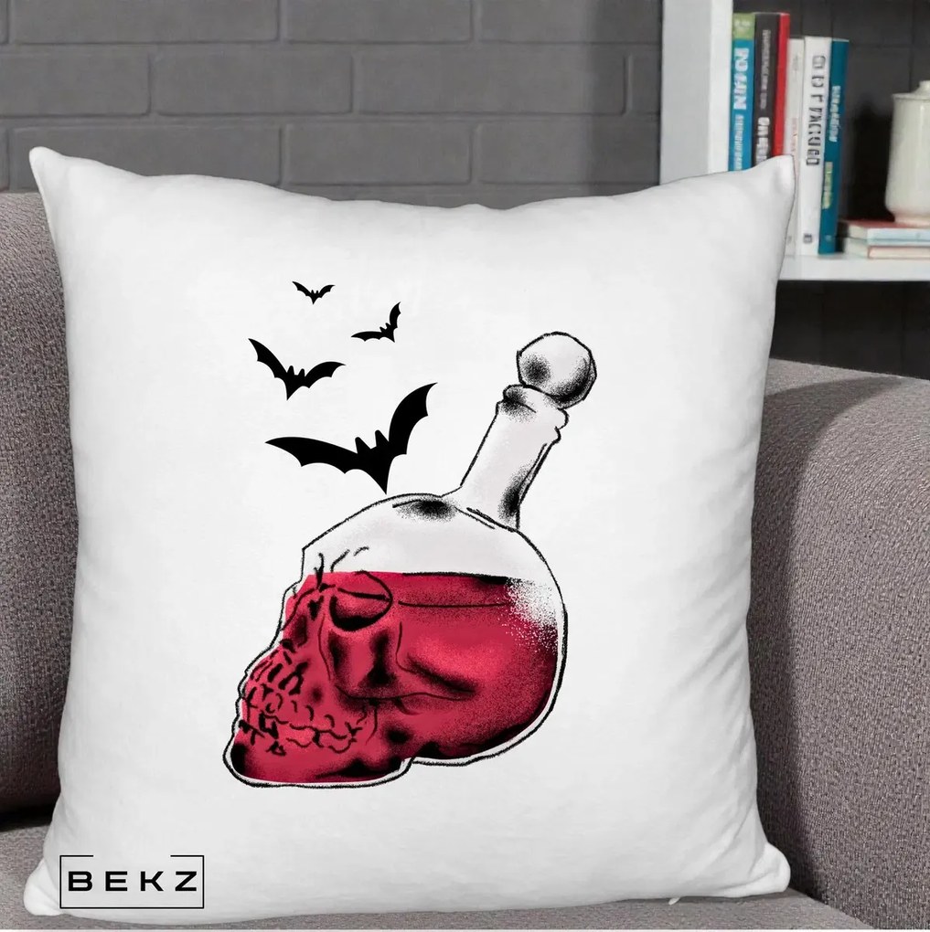 Perna Decorativa Halloween Craniu-Sticla cu Lilieci, 40x40 cm, Alb Pufos, Husa Detasabila, Perna Inclusa, BEKZ®