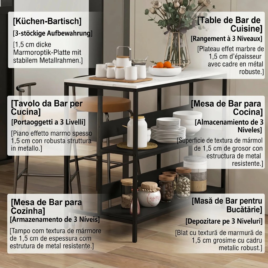 HOMCOM Insula de Bucatarie cu Rafturi Deschise, Carucior de Bucatarie cu Blat cu Imitatie de Furnir cu Textura de Marmura