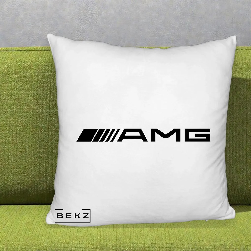 Perna Personalizata cu emblema Mercedes-AMG, 40x40 cm, Alb Pufos, Husa Detasabila, Perna Inclusa, BEKZ®
