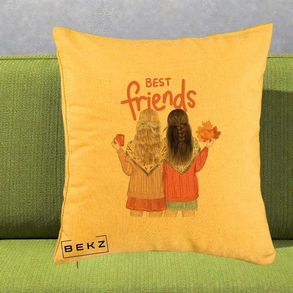 Cadou pentru Prieteni - Perna Personalizata Best Friends Toamna, 40x40 cm, Galben, Husa Detasabila, Perna Inclusa, BEKZ®