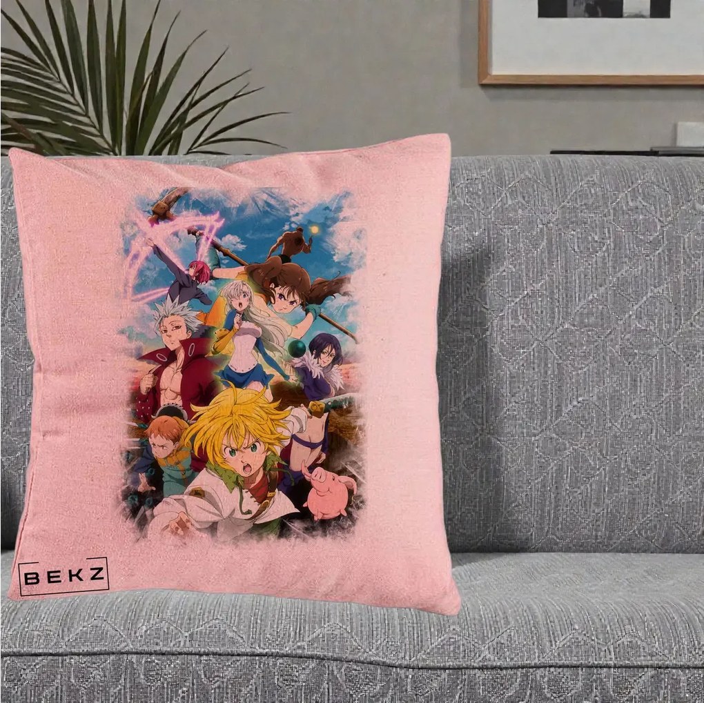 Perna Personalizata Nanatsu no Taizai Cele Sapte Pacate Mortale Anime, 40x40 cm, Roz, Husa Detasabila, Perna Inclusa, BEKZ®