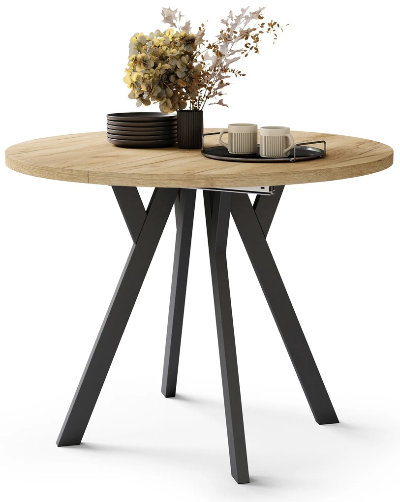 Mazzoni ALMO Stejar Craft Auriu/picioare negre - MASĂ ROTUNDĂ EXTENSIBILĂ CU PICIOARE ÎN FORMĂ DE Y STIL LOFT PENTRU SALON/SUFRAGERIE