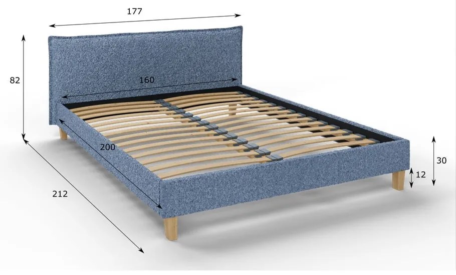 Pat matrimonial albastru cu tăblie și somieră 160x200 cm Tina – Ropez