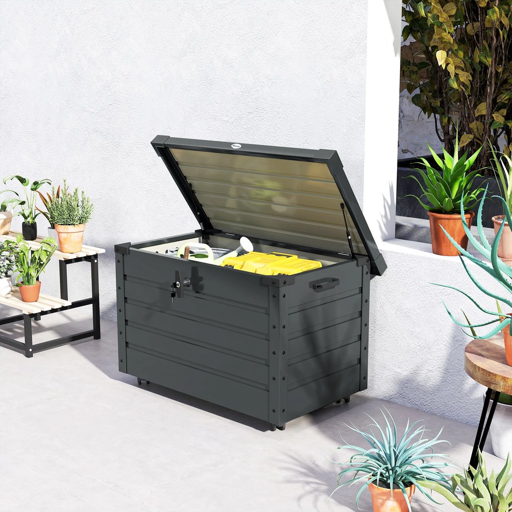 Outsunny Ladă de Grădină de 295L cu Încuietoare, 2 Mânere și 4 Rotile, Mobilier Depozitare din Oțel, 100x62x65 cm, Gri | Aosom Romania