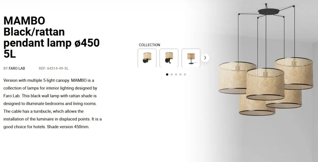 Lustra suspendata cu 5 pendule design natural MAMBO 45cm negru/ratan