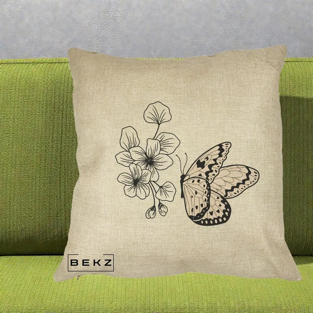 Perna Decorativa Fluture si Flori Linie Monocroma, 40x40 cm, Crem, Husa Detasabila, Perna Inclusa, BEKZ®