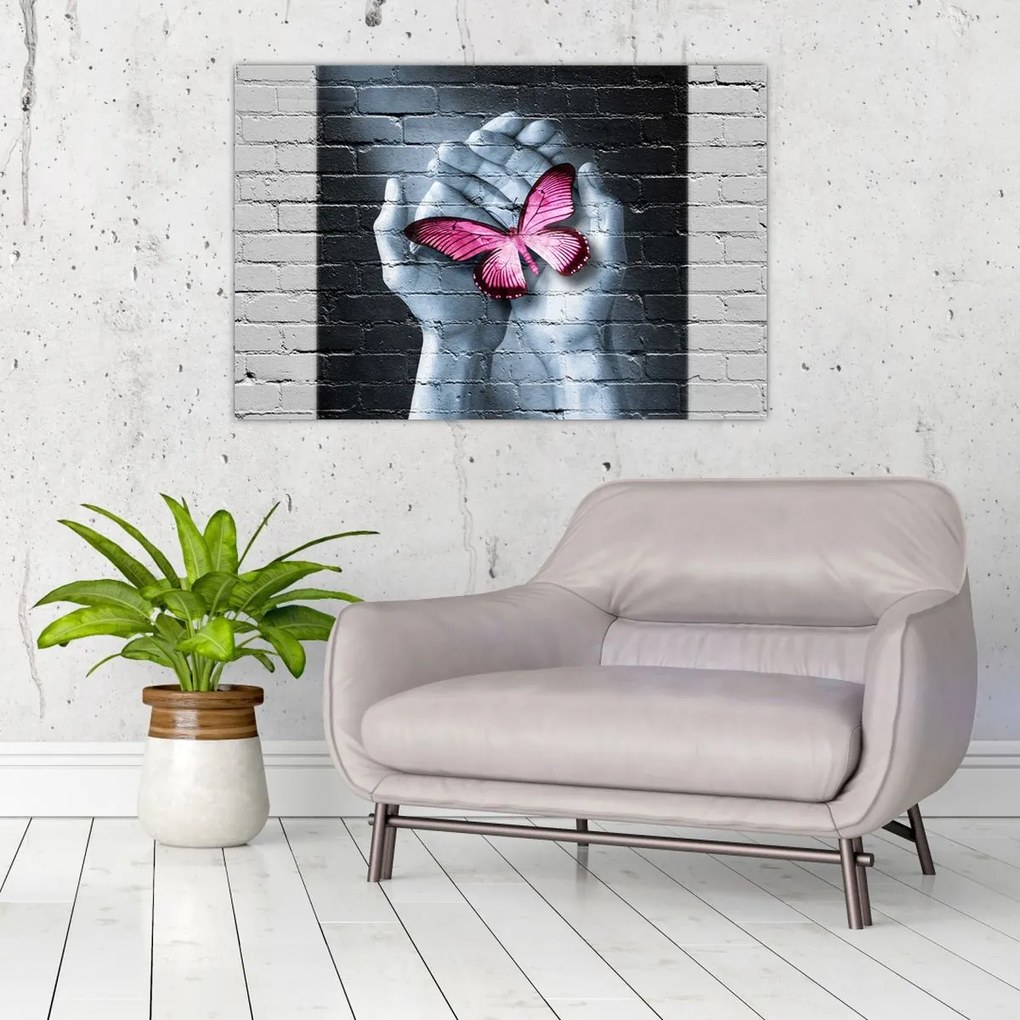 Tablou - Fluture roz în perete (90x60 cm)