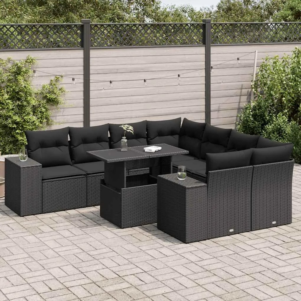 3326766 vidaXL Set mobilier de grădină cu perne, 9 piese, negru, poliratan