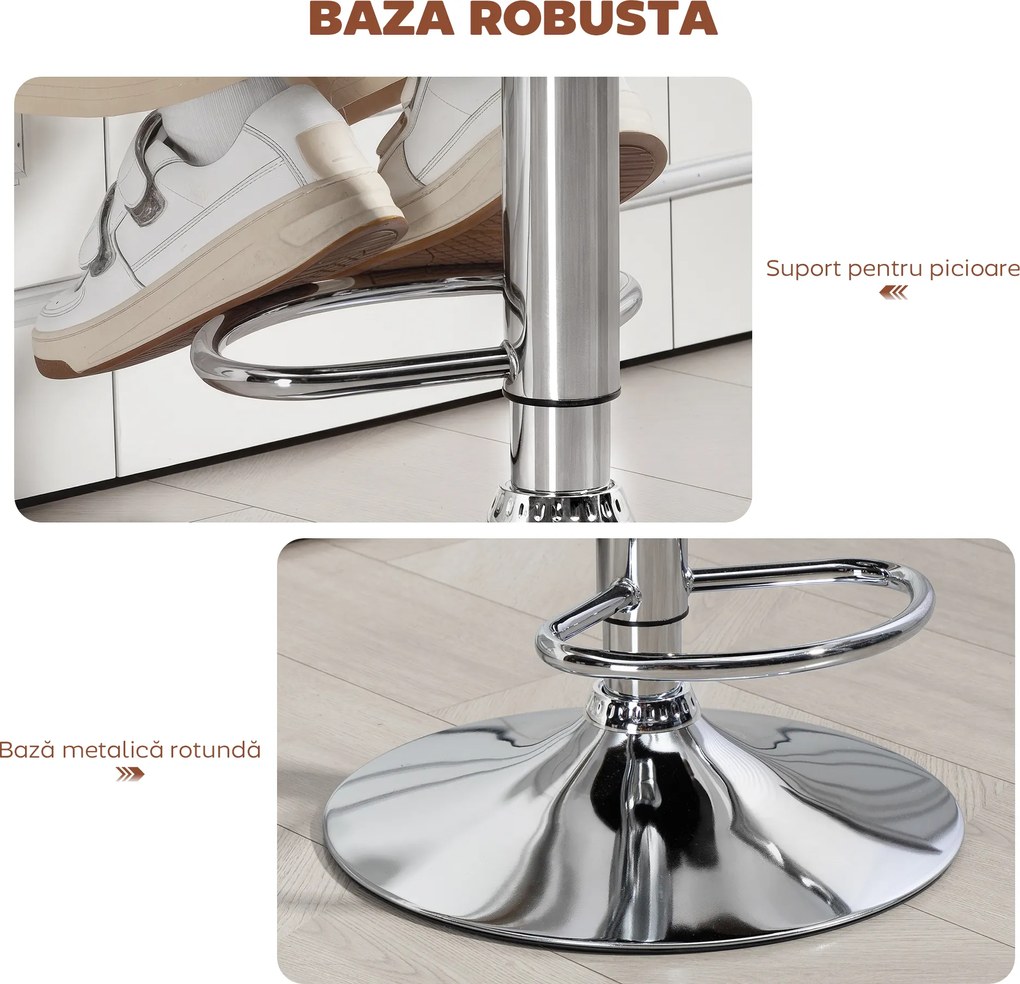 HOMCOM Taburet de Bar cu Înălțime Reglabilă, Scaun Înalt din PU cu Spătar, Suport pentru Picioare, Cotiere și Șezut Moale, Structură din Oțel, Rotativ la 360°, pentru Bucătărie, Maro | Aosom Romania
