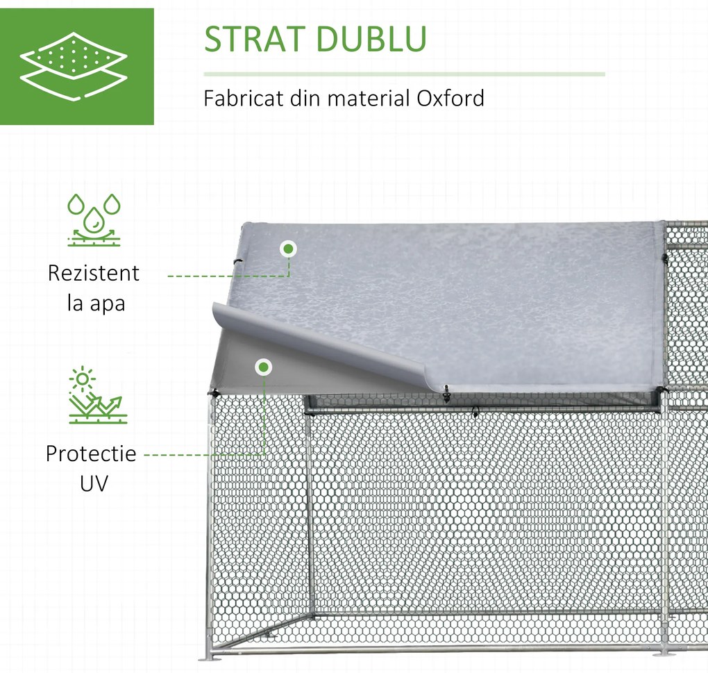 PawHut Cotet Găini Plastic Rezistent Gard Protecție UV Acoperiș 280x380x195cm Argintiu | Aosom Romania