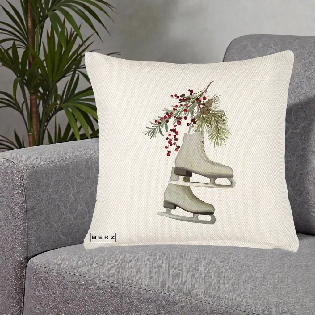 Perna Decorativa Patine cu Ramuri de Brad si Afine, 40x40 cm, Crem Reliefat, Husa Detasabila, Perna Inclusa, BEKZ®