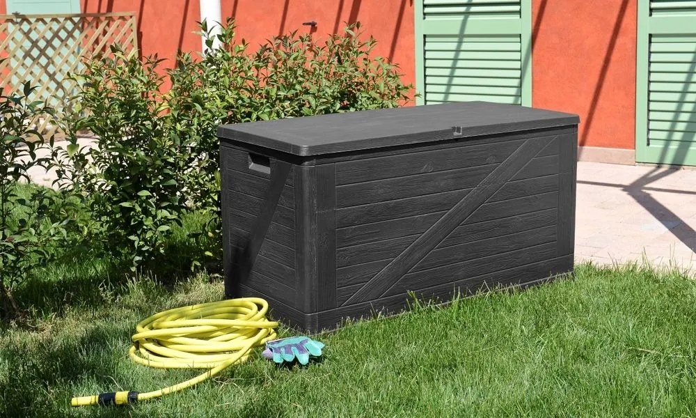 WOOD cutie de depozitare din plastic pentru grădină 420 L, g