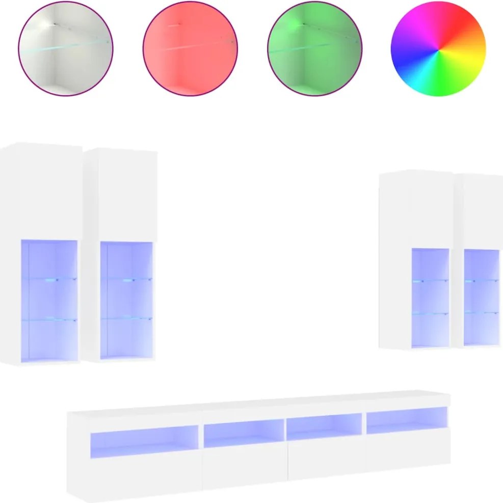 vidaXL Set comode TV de perete, 7 piese, cu lumini LED, alb