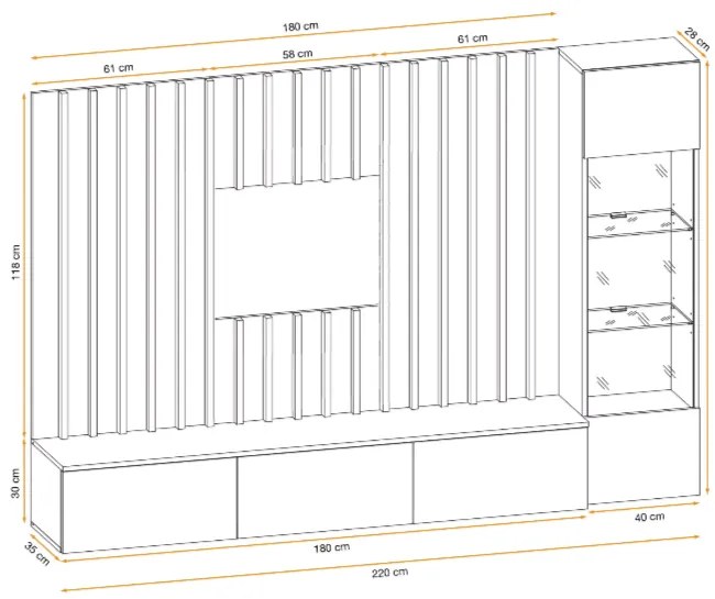 Set mobila living, suspendata, prindere perete, cu riflaj inclus, usi deschidere prin apasare, vitrina cu led, stejar  negru mat riflaj, 220 cm