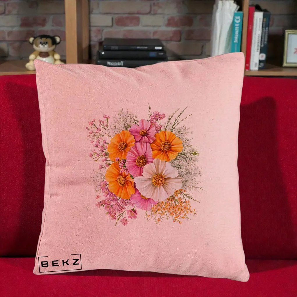 Perna Decorativa Buchet Cosmos Portocaliu Roz si Alb, 40x40 cm, Roz, Husa Detasabila, Perna Inclusa, BEKZ®
