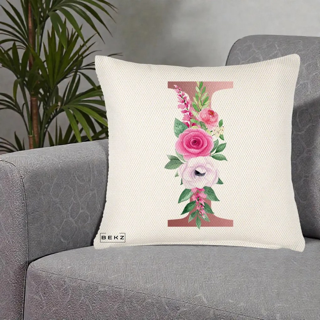 Cadou Personalizat - Perna Personalizata Monograma Rose Gold Litera I, 40x40 cm, Crem Reliefat, Husa Detasabila, Perna Inclusa, BEKZ®