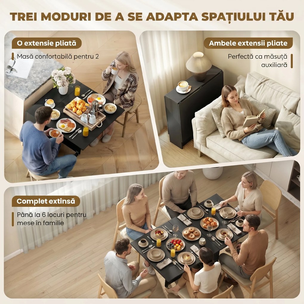 HOMCOM Masă Pliantă din Lemn cu Roți, pentru 4-6 Persoane, 75x140x75 cm, Negru | Aosom Romania