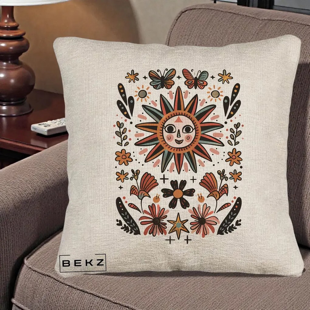 Perna Decorativa Soare Boho Folk Fluturi, 40x40 cm, Bej Canapea, Husa Detasabila, Perna Inclusa, BEKZ®