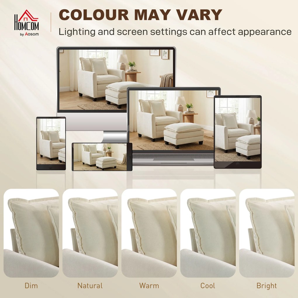 HOMCOM Fotoliu de salon cu taburet, fotoliu 1 loc din chenille, șezut lat, umplutură dublă, 85x128x86cm, crem | Aosom Romania