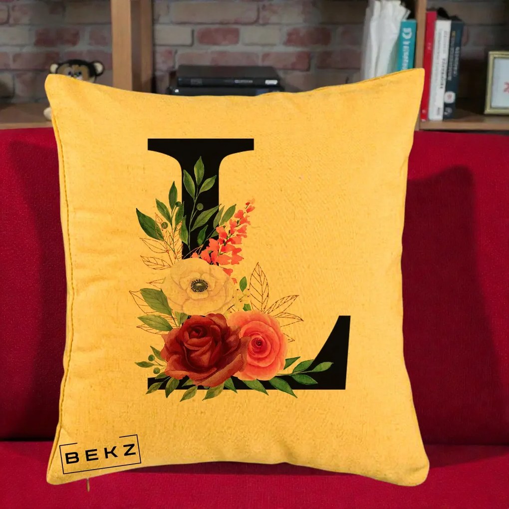 Cadou Personalizat - Perna Personalizata Monograma Florala Litera L, 40x40 cm, Galben, Husa Detasabila, Perna Inclusa, BEKZ®