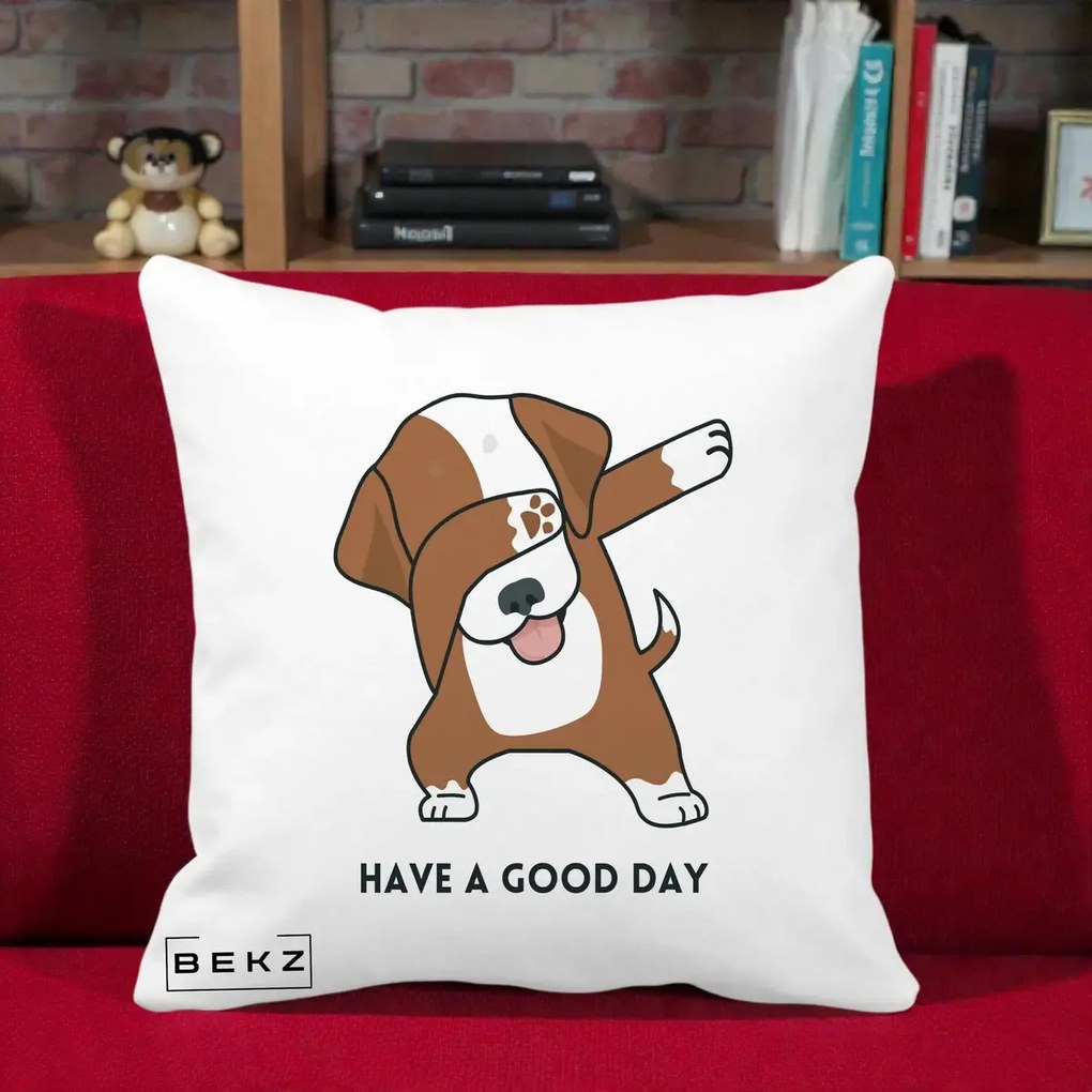 Perna Decorativa Caine Dab Have A Good Day, 40x40 cm, Alba Mata, Husa Detasabila, Perna Inclusa, BEKZ®
