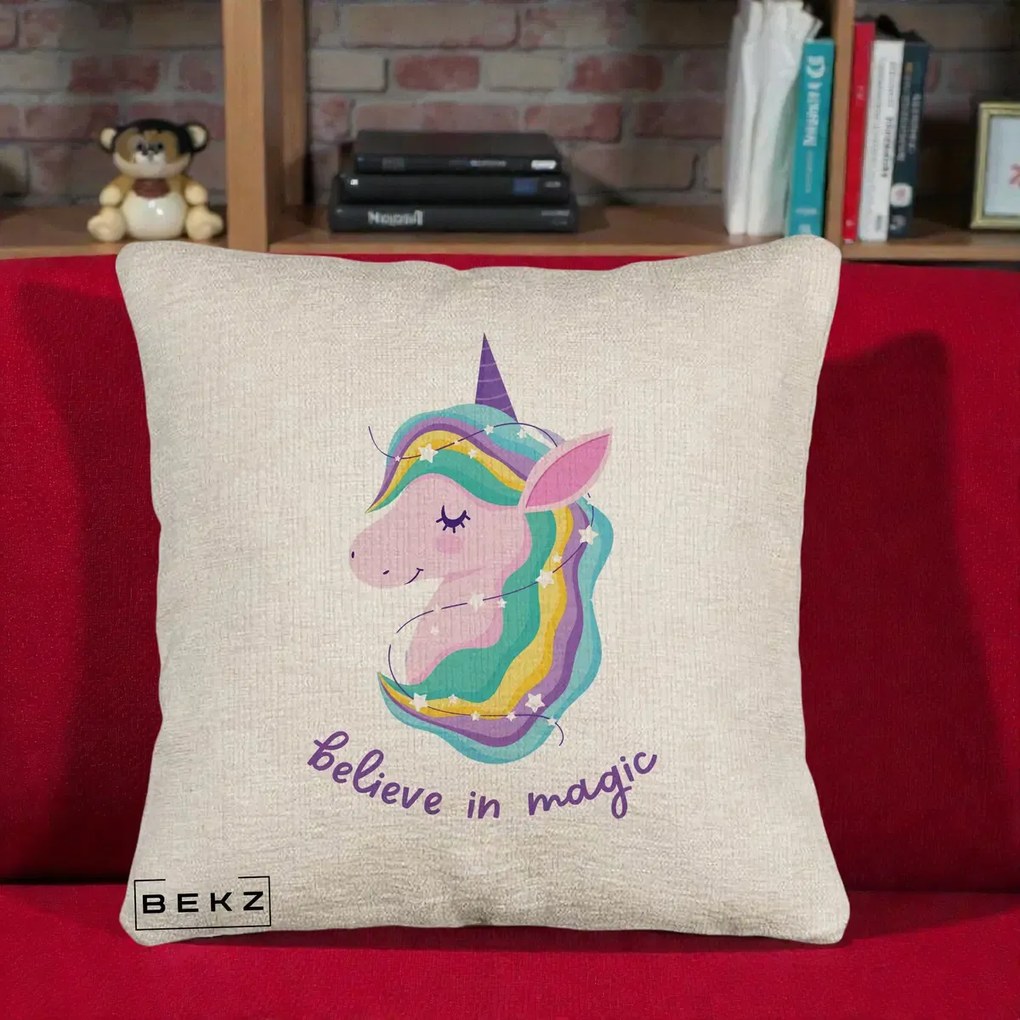 Perna Decorativa Unicorn Believe in Magic, 40x40 cm, Bej Canapea, Husa Detasabila, Perna Inclusa, BEKZ®