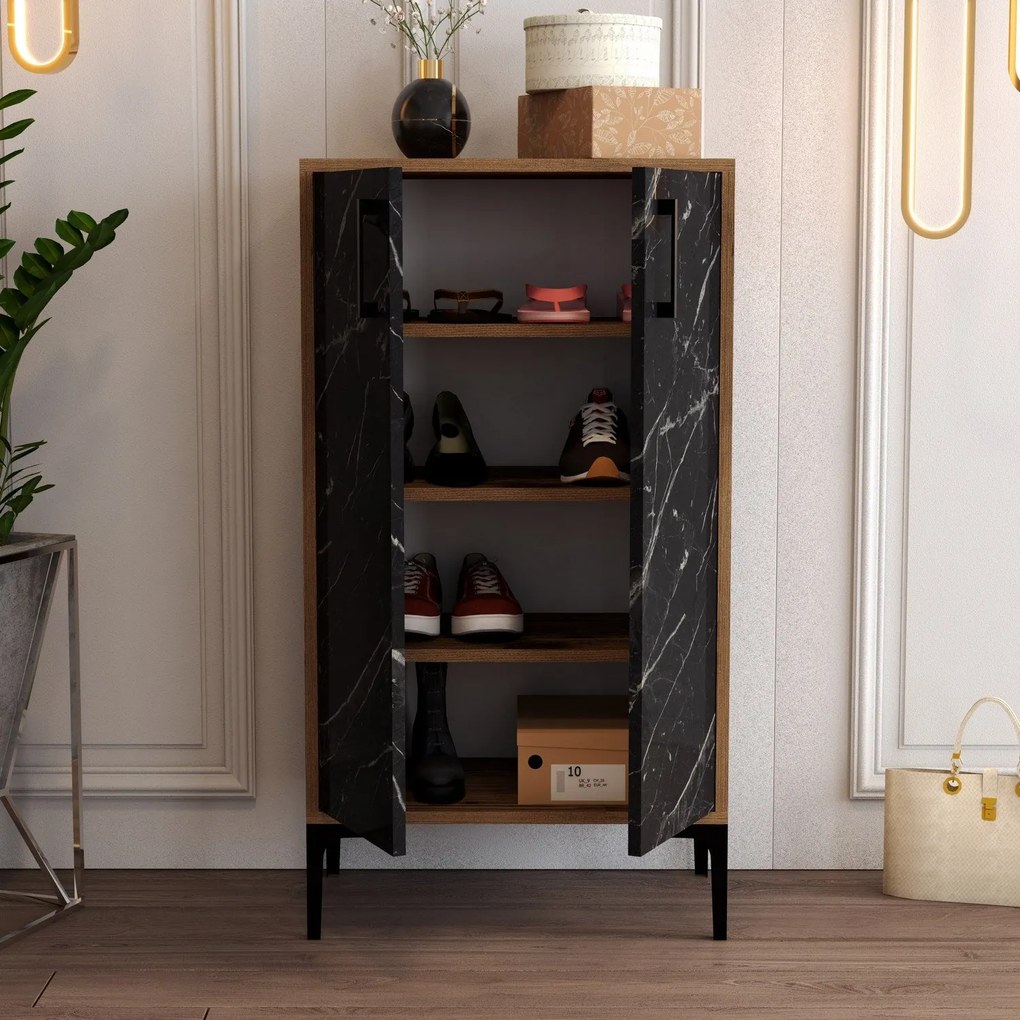 Comodă pentru pantofi Prag - Walnut, Black Marble