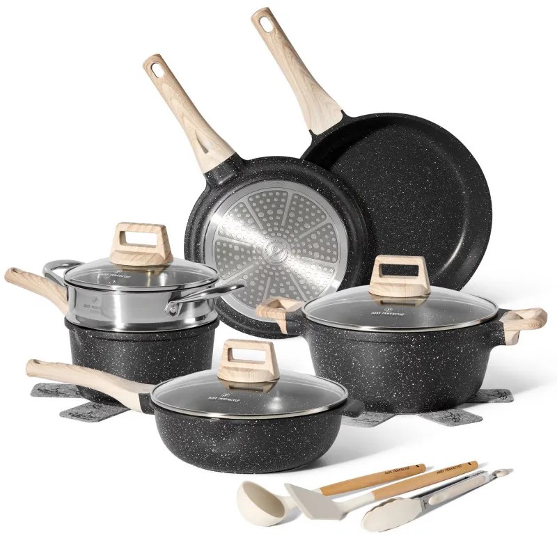 Set oale si tigai Just Perfecto JL-30, 14 h, Turnat, Acoperire din marmura, Inductie, Steamer, Accesorii, Negru
