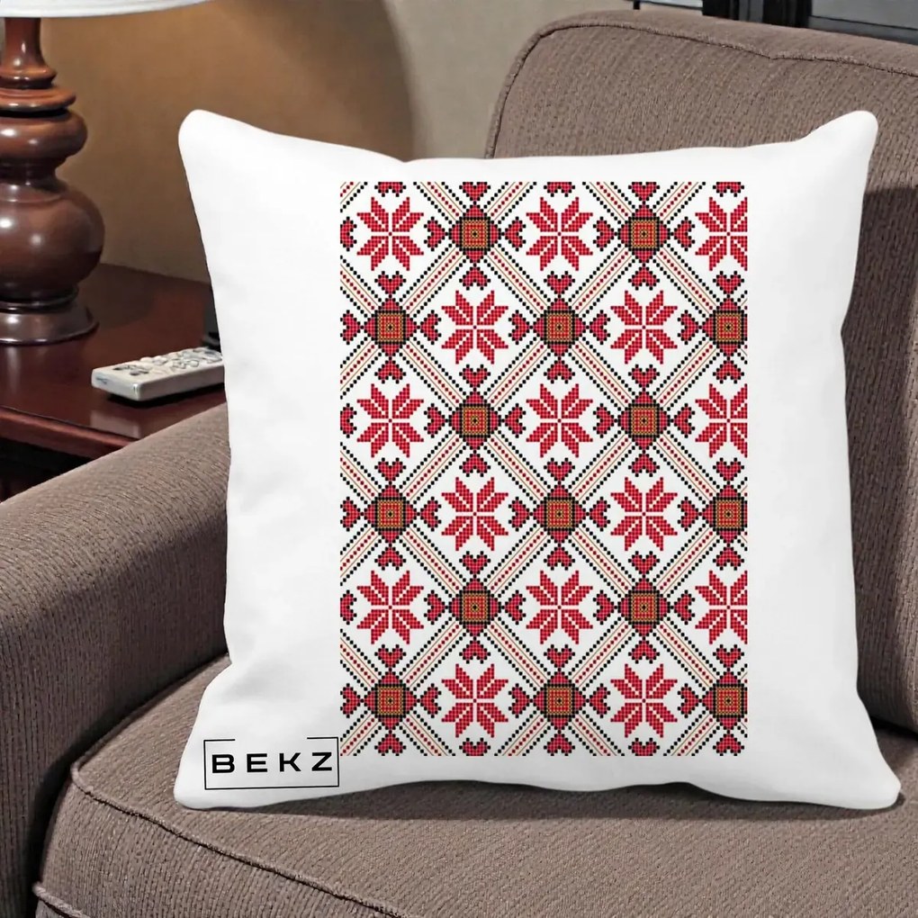Perna Personalizata Motiv Traditional Ie Romaneasca Rosu, 40x40 cm, Alba Mata, Husa Detasabila, Perna Inclusa, BEKZ®