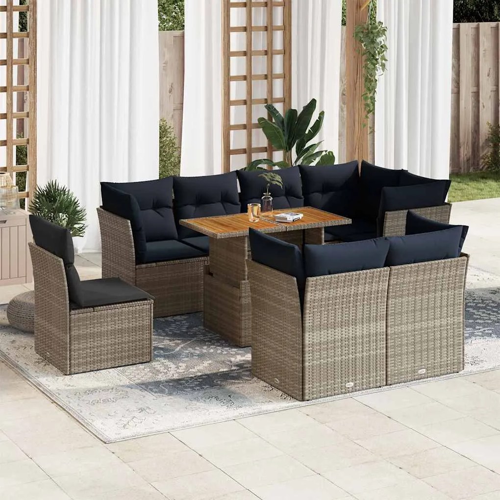 vidaXL Set canapele de grădină, 9 piese, cu perne, gri, poliratan