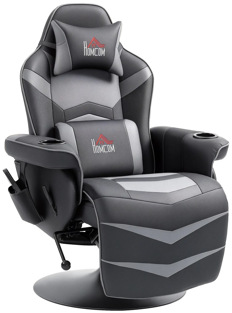 HOMCOM Fotoliu de gaming, funcție de masaj, spătar reglabil, suport pentru picioare, până la 120 kg, cadru din oțel, piele ecologică, Gri | Aosom Romania