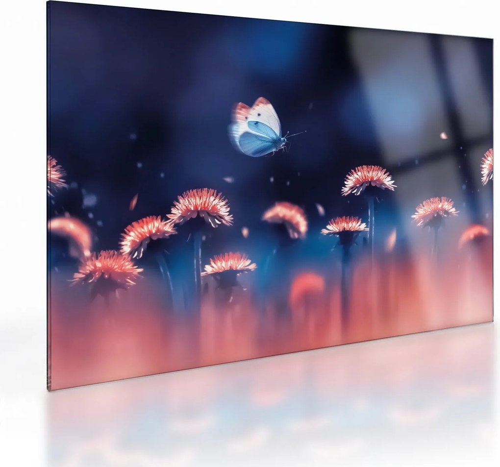 Tablou pe sticlă cu păpădii cu fluture albastru (70x50 cm)