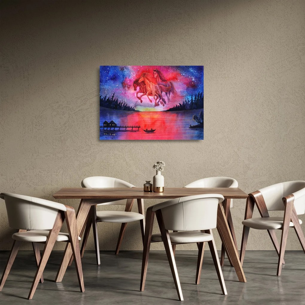 Tablou pe sticlă - Apariția cailor spațiali peste lac, acuarelă (70x50 cm)