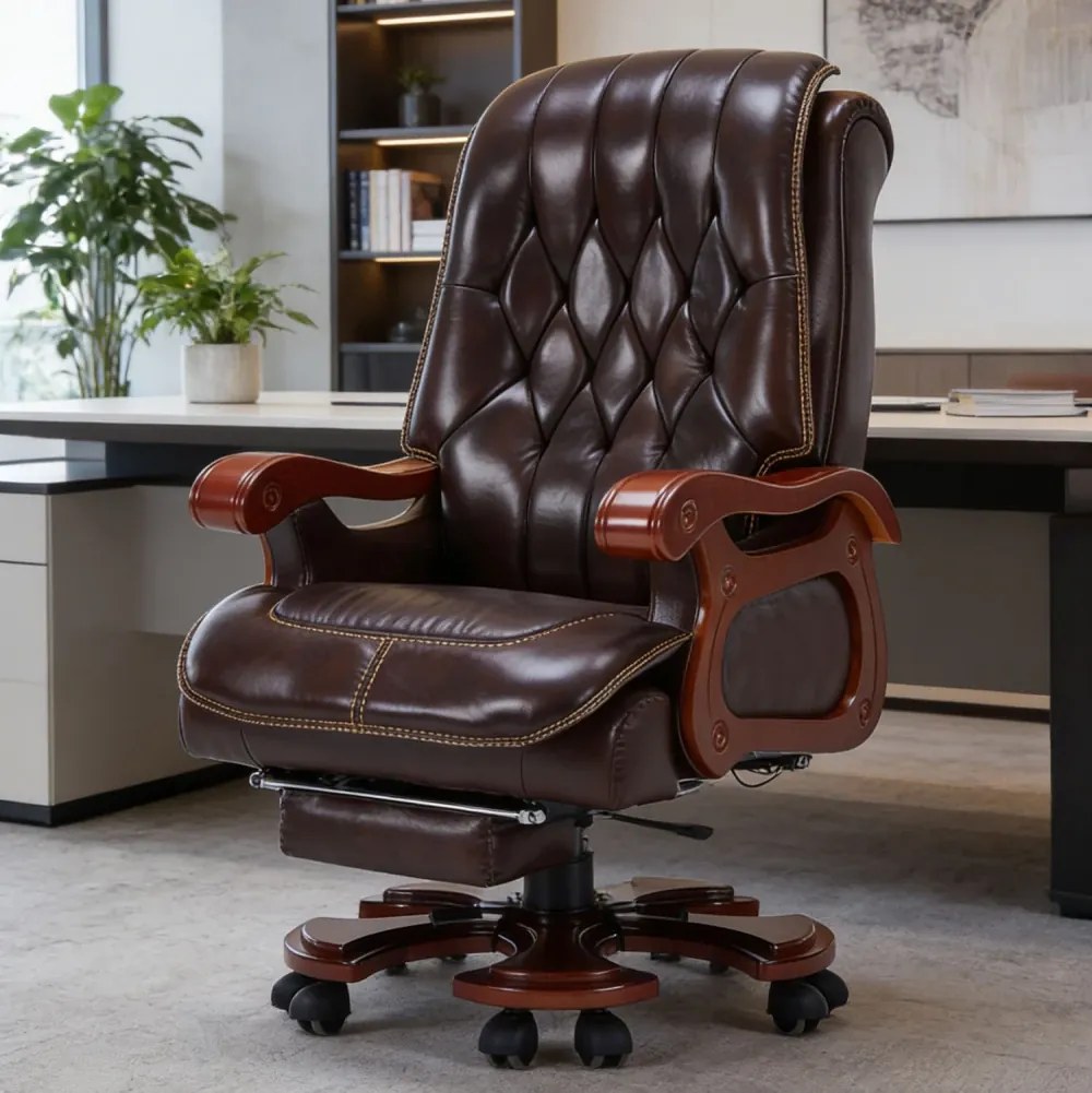 Regal Relax – Scaun directorial din Piele Naturală si Lemn Masiv, Masaj in 7 puncte, Funcție Încălzire, Înclinare 160°, Suport Picioare Extensibil, Sezut cu Arcuri, Telecomandă, Maro Inchis