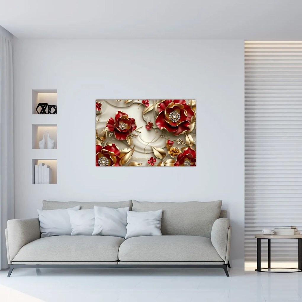 Tablou - Flori 3D Roșu-Auriu (90x60 cm)
