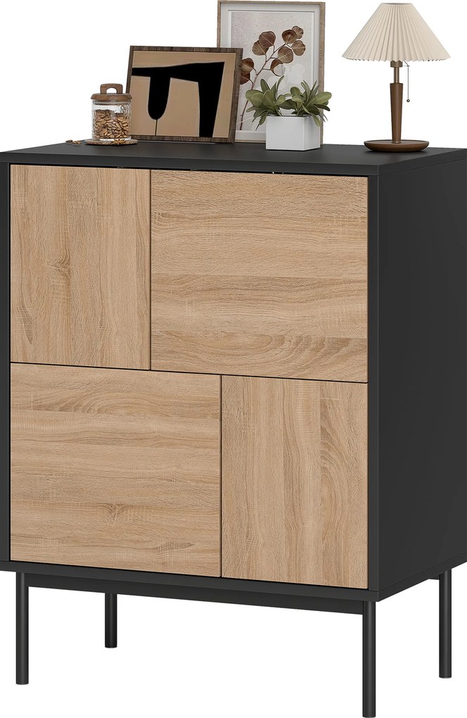 HOMCOM Sideboard cu uși push-to-open, dulap pentru sufragerie cu picioare metalice, dulap de bucătărie, MDF, Negru+lemn natural | Aosom Romania
