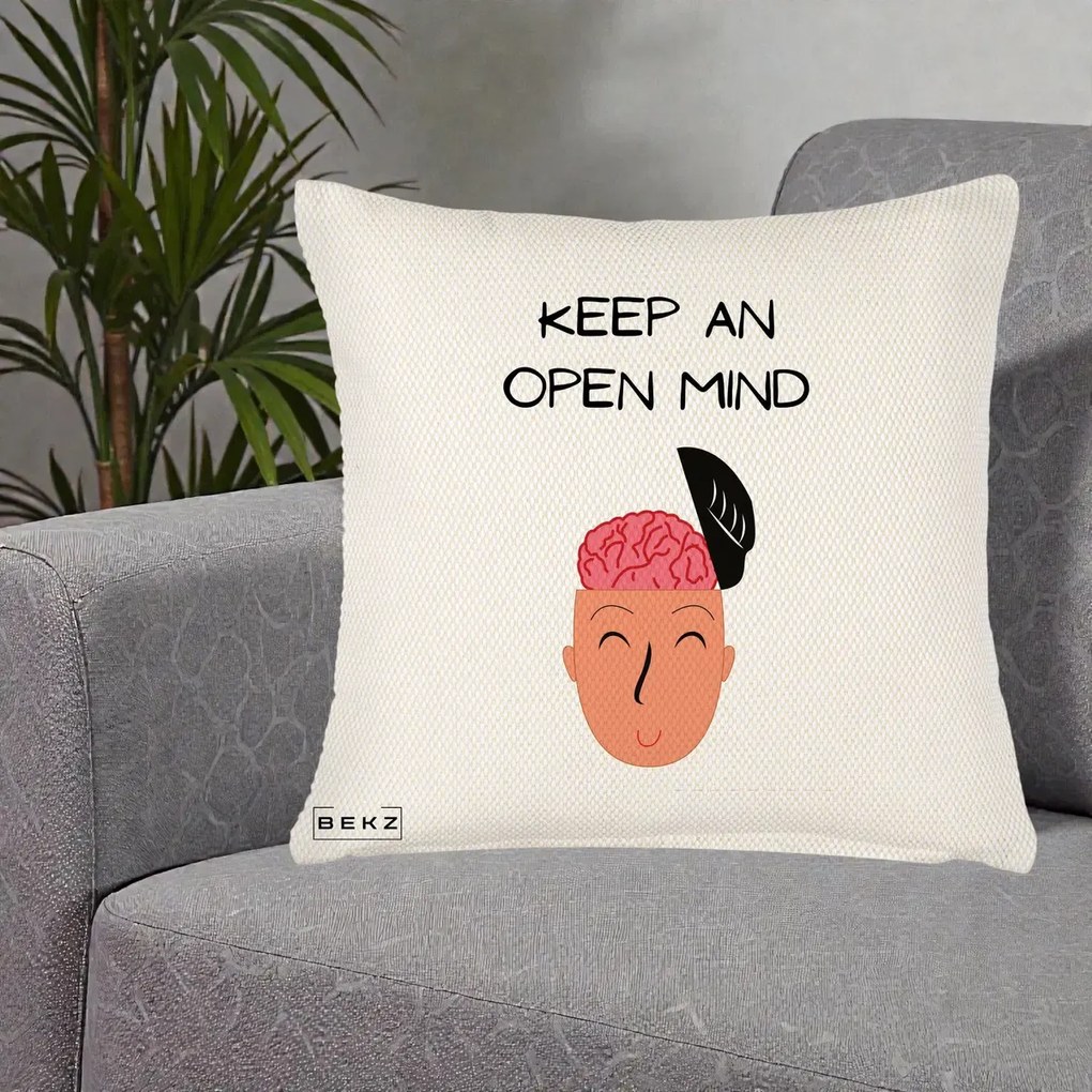 Perna Decorativa Keep An Open Mind, 40x40 cm, Crem Reliefat, Husa Detasabila, Perna Inclusa, BEKZ®