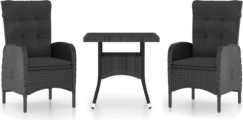 vidaXL Set mobilier grădină, 3 piese, negru, poliratan și sticlă