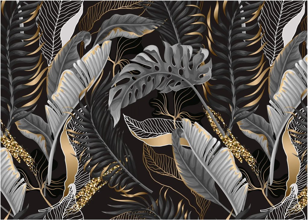 Tablou pe sticlă - Frunze tropicale, Galben - auriu (70x50 cm)