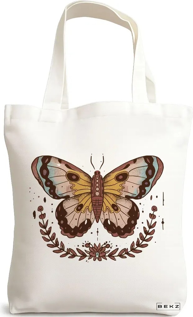 Sacosa de Panza pentru Cumparaturi, Geanta Tote Brown Butterfly, 38x34.5 cm, Alba, BEKZ®