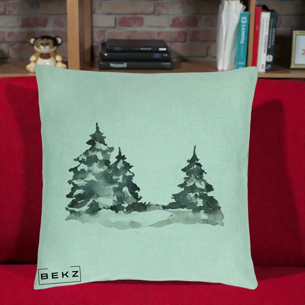 Perna Decorativa Brazi Inzapeziti Acuarela, 40x40 cm, Verde Menta, Husa Detasabila, Perna Inclusa, BEKZ®