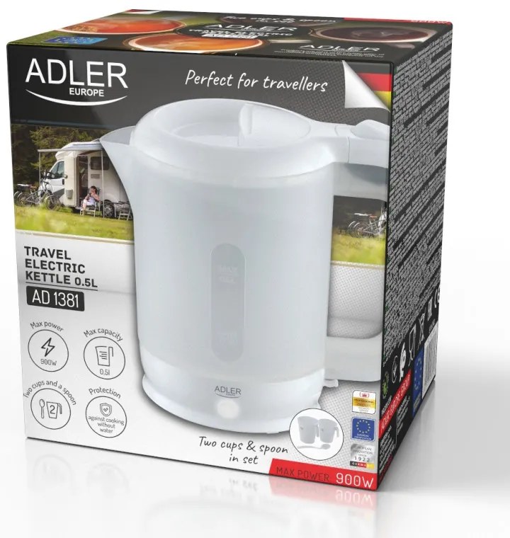 Cana electrica Adler AD 1381, 900W, 0,5 L, 2 cani si lingura, Protectie fierbere fara apa, Alb