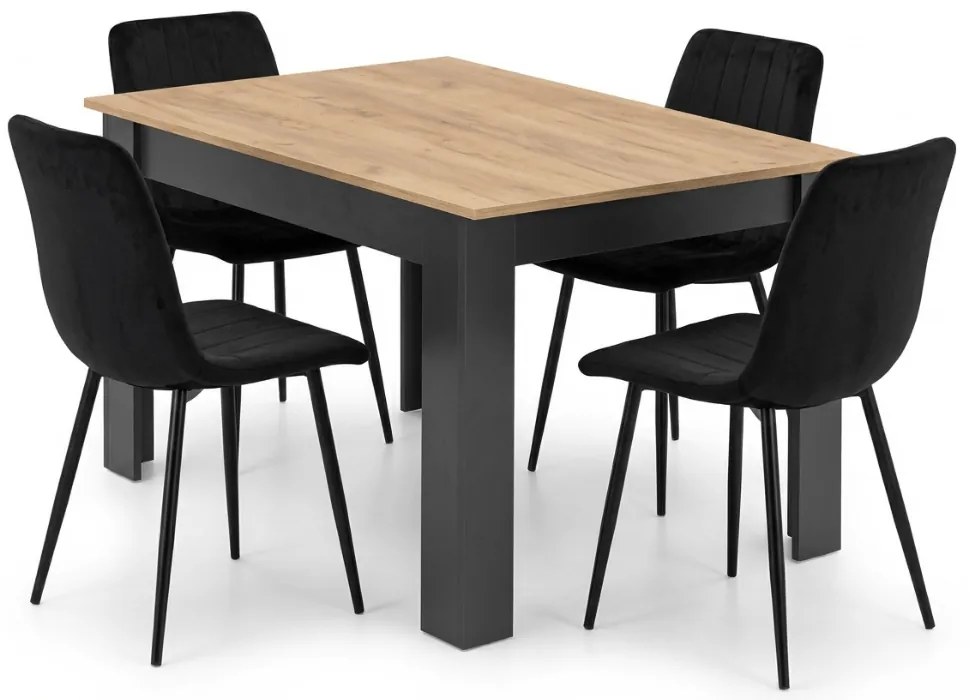 Set de masa 1 + 4, masa MADO 120x80 cm neagra/stejar artisan + scaun negru catifea LAVA cu picioare negre