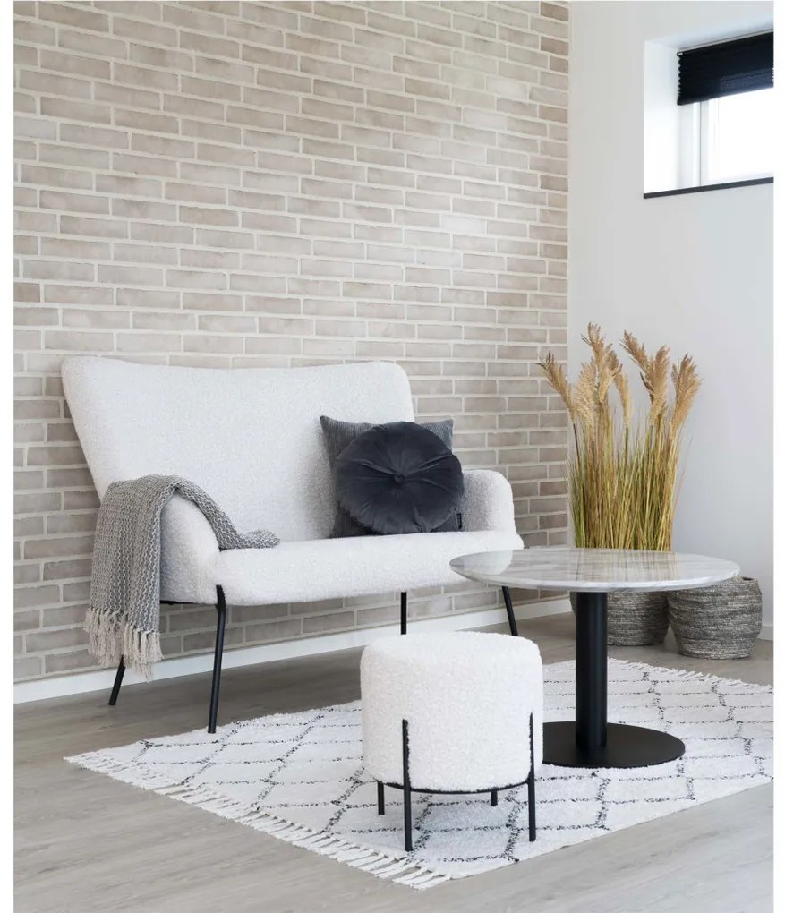 Pouf Alford Piele artificială de miel, alb cu picioare negre, 35,5x37 cm