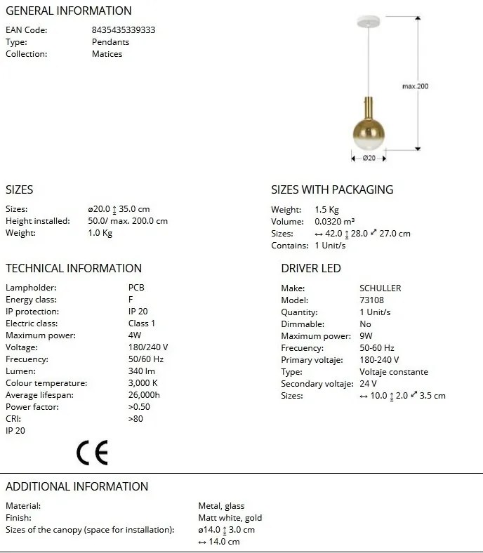 Pendul LED design modern Matices alb/auriu