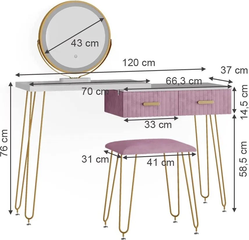 Masuta machiaj cu Oglinda LED si 2 Sertare pentru Cosmetice, Set Masa toaleta 120 cm, Alb, masuta cosmetica, vanity - SEA394