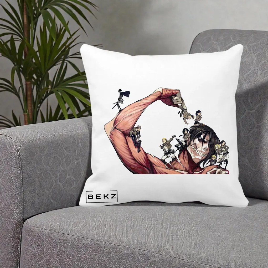 Perna Personalizata Attack on Titan Eren Titan Grup, 40x40 cm, Alba Mata, Husa Detasabila, Perna Inclusa, BEKZ®